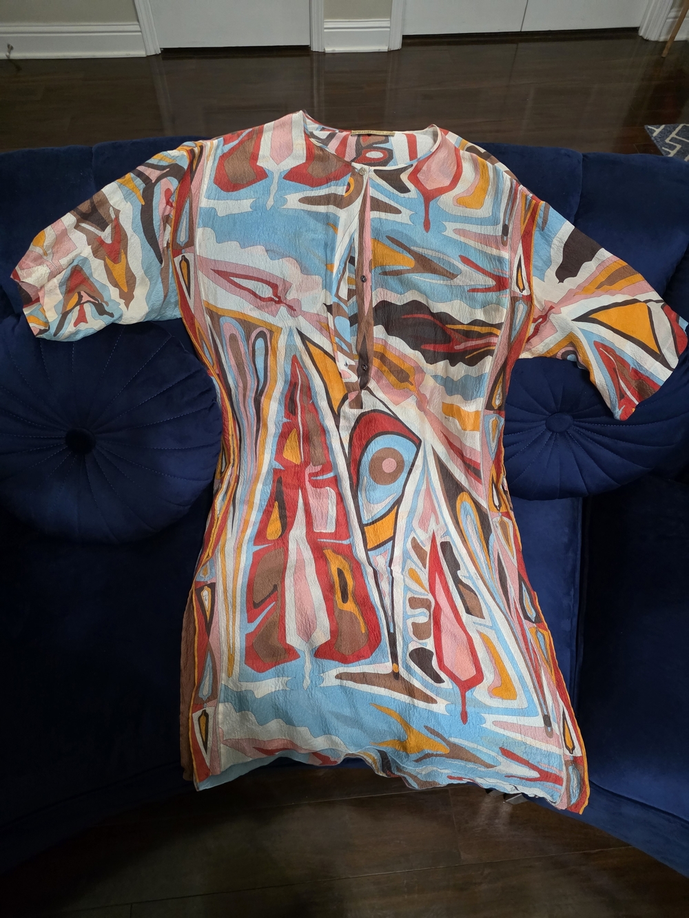 Emilio Pucci Abstract Multicolor Short-Sleeve Women's Top - Blue & Coral Pattern